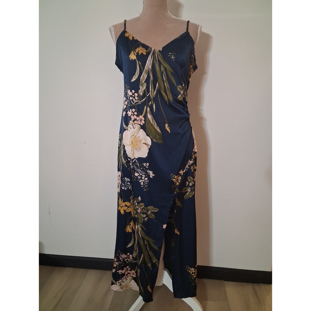 Lulus Navy Blue Floral Satin Faux Wrap Maxi Dress Side Slit Size Large